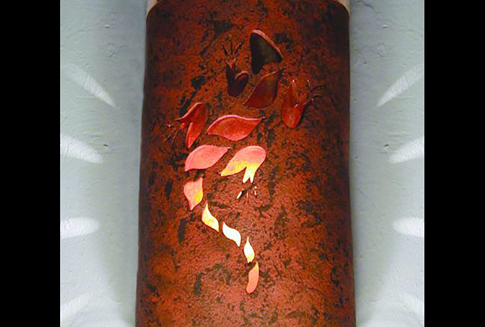 Wall Light-Lizard-Open Top Half Round-Copper Brick- Raw Copper Bands–Amber Mica Lens-Indoor-Outdoor