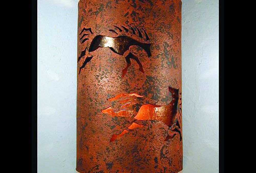 Wall Light-Wild Horses-Open Top Half Round-Copper Bands-Copper Brick-Amber Mica-Indoor-Outdoor