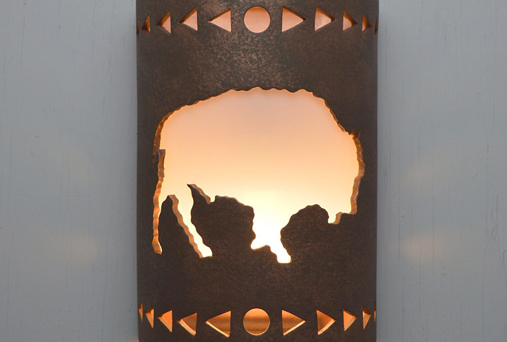 Wall Light-Buffalo w/Arrows border-Open Top Half Round-Antique Copper-Indoor-Outdoor