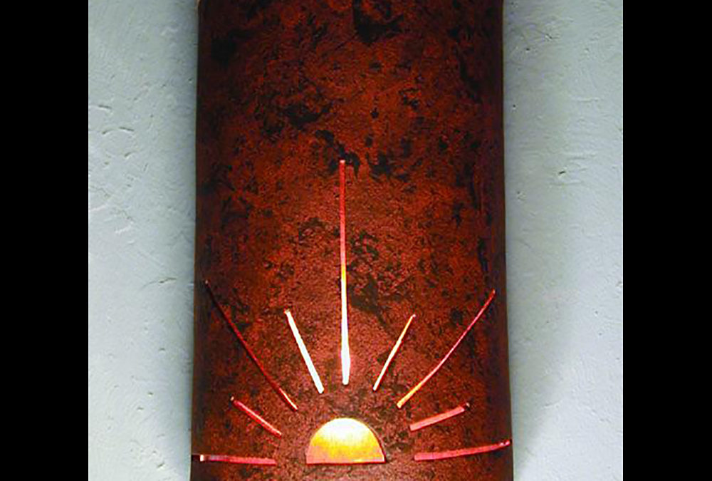 Wall Light-Sunrise-Open Top Half Round-Copper Brick-Copper Bands-Amber Mica-Indoor-Outdoor