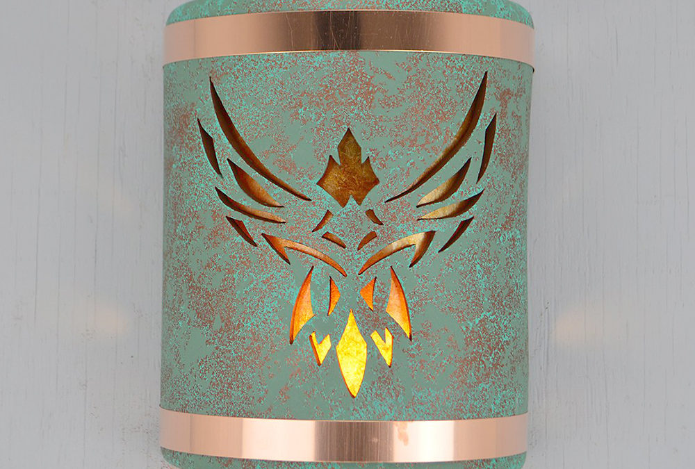 Wall Light-Phoenix-Open Top Half Round-Raw Turquoise-Raw Copper Bands-Amber Mica-Indoor-Outdoor