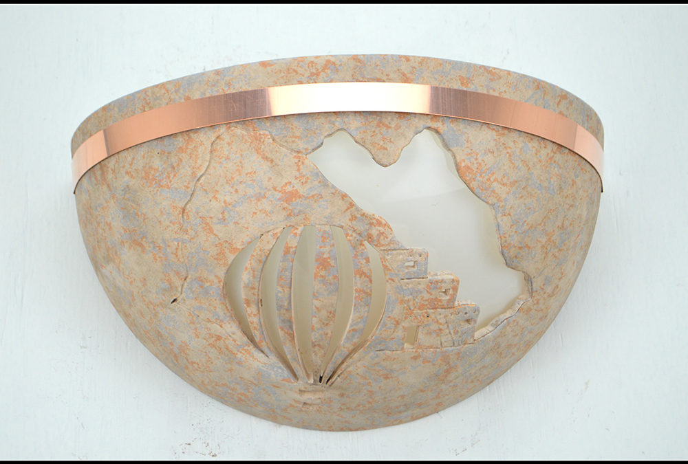 Pueblo Balloon on Large Bowl Wall Sconce- Sandstone – Top Copper Band – Indoor – Covered Outdoor-Up Light