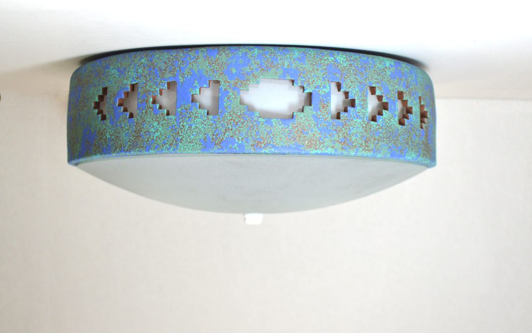 Southwest Sidesteps on a 13″ Flush Mount-Raw Turquoise with added Fen Shui Blue-Interior