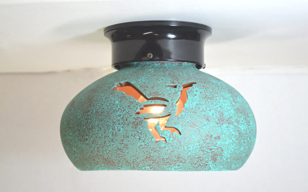 Roadrunner design on our 9″ ceiling globe-Raw Turquoise color-Black collar