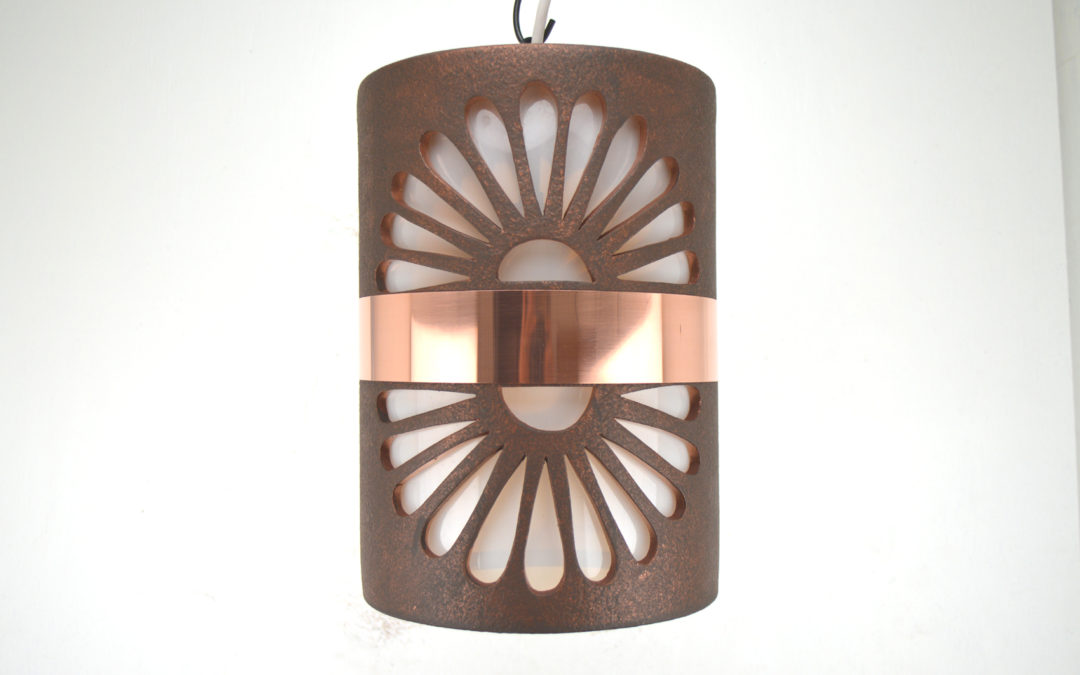 12″ Pendant Light-Double Fan-Middle Copper Band-Antique Copper-Black Hardware-Interior-Exterior