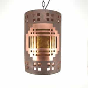 Mission Copper Cover 12' Pendant Amber Mica Lens, Windows top and bottom border design-Black cord and ceiling cap-Interior-Exterior-150 838 O18 665 91AM-