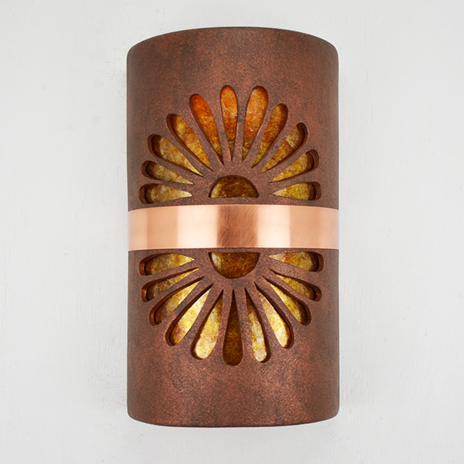 14″ Wall Light-Double Fan-Open Top Half Round- Middle Brushed Copper Band-Brown Mica-Amber Mica-Indoor-Outdoor