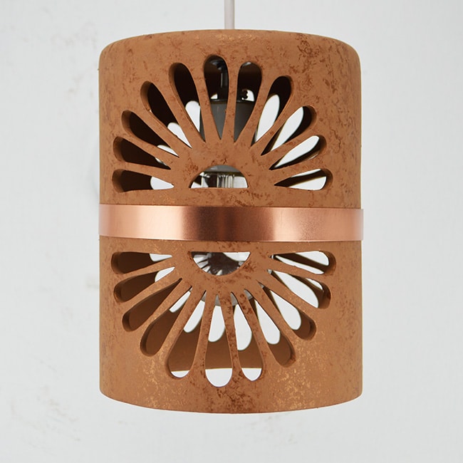 Pendant Light-Double Fan-Middle Copper Band-Brown Mica-White Hardware-Interior-Exterior