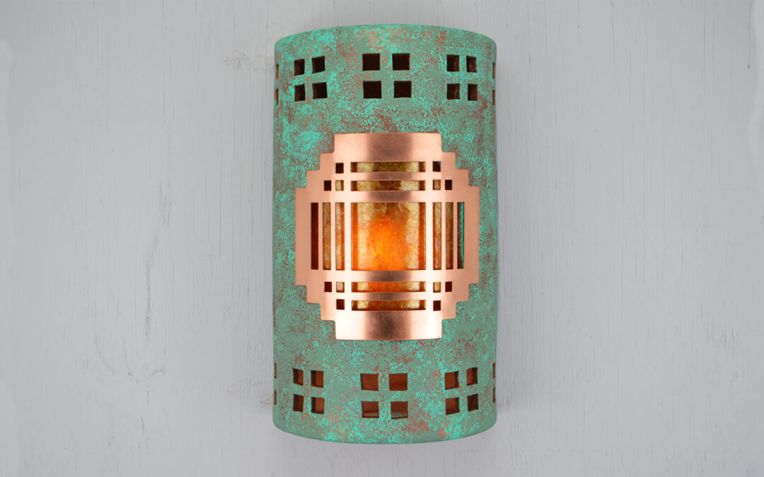 Southwestern Mission Copper Cover w/ Windows Border-Open Top Half Round-Amber Mica-Raw Turquoise color-Indoor-Outdoor Open Top