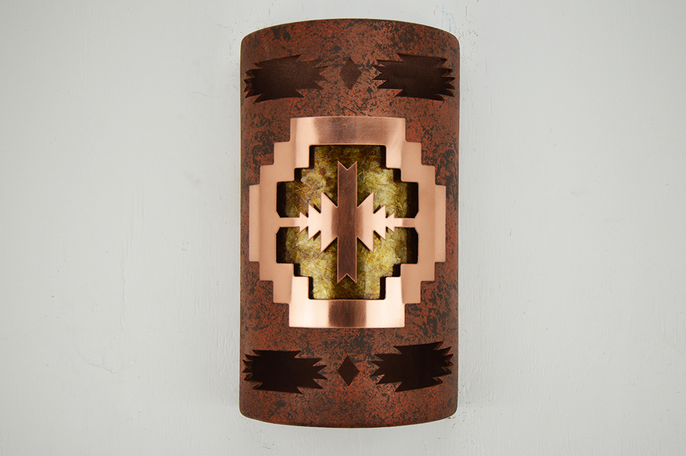 Wall Light-Aztec Pueblo Copper Cover-Amber Mica-Open Top Half Round-Copper Brick-Indoor-Outdoor