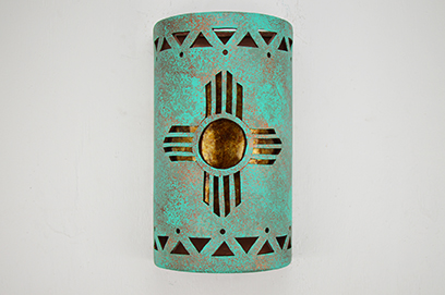 NM Sun (Zia) with Tribal Drum Border Designs-Amber Mica Lens-Raw Turquoise Color-Indoor-Outdoor