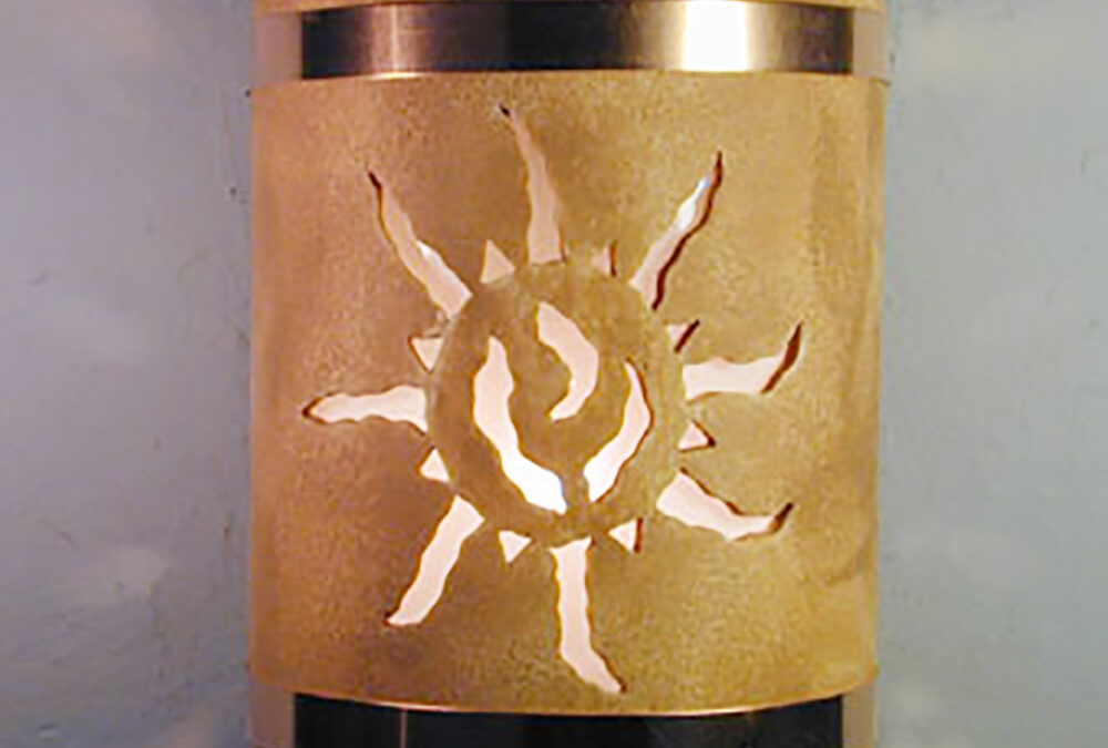 Wall Light-Ancient Sun-Open Top Half Round-Sand Wash-Raw Copper Bands-Indoor-Outdoor