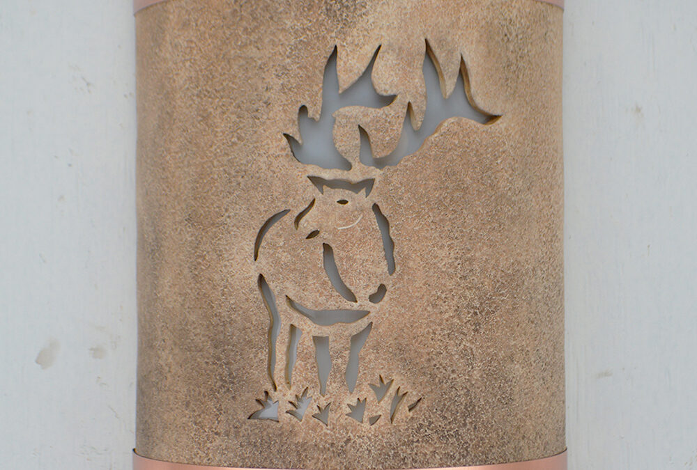 Wall Light-Center Elk-Low Profile-Closed Top Half Round-Raw Copper Bands-Dark Earth Wash-Indoor-Outdoor