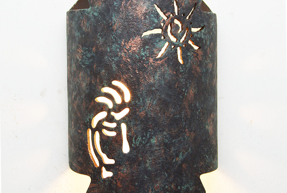 Wall Light-Kokopelli w/Ancient Sun-Zig Zag Handcut -Half Round-Copper Moss Agate-Indoor-Outdoor