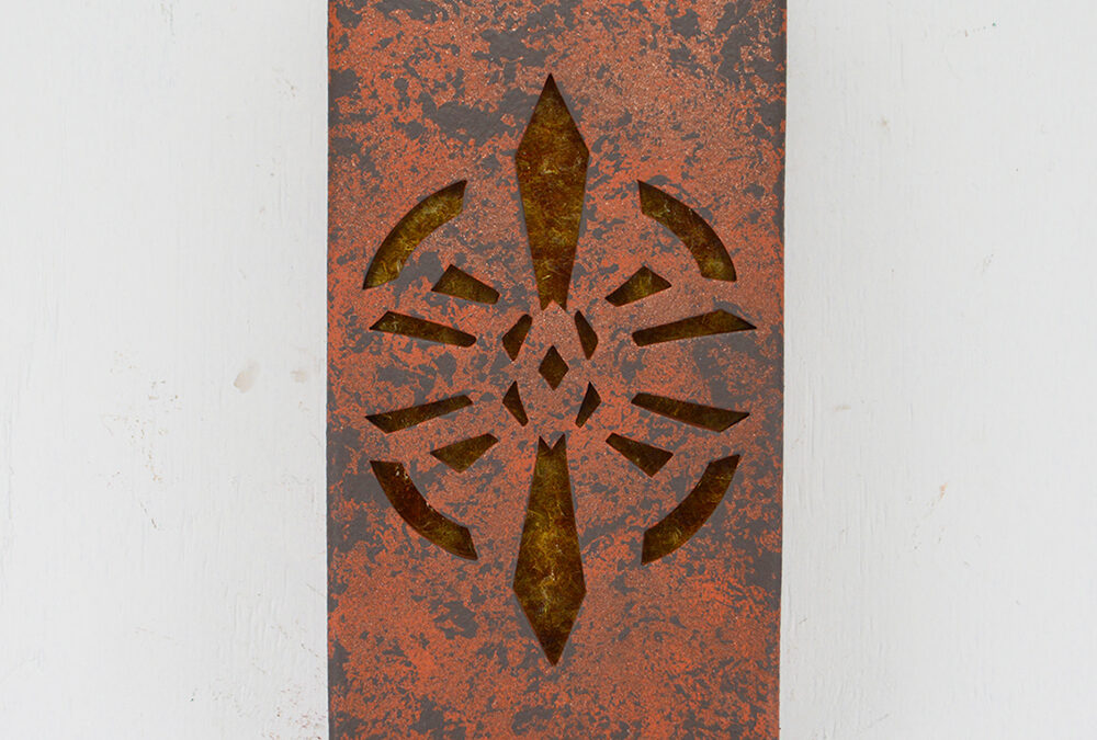 Modern Wall Light with Dagger Design in ADA Low Profile Rectangle in Copper Brick Color with Amber Mica lens for the Indoor or Outdoor