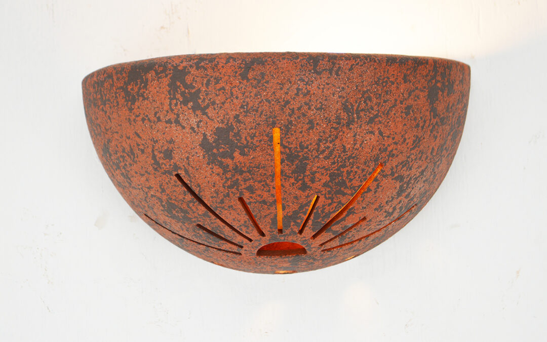 Sunrise Design Bowl Wall Light in Copper Brick Color with Amber Mica for the Indoor-Up Light